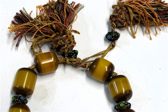 Hand Knotted Butterscotch Bakelite Beaded Necklace, Silver Spacers with Bezel Set Stones, Tassels 