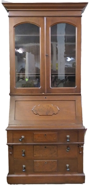 Very Nice Walnut Victorian Drop Front Secretary with Book Case Top - 3 Wood Shelves - Fine Burl Detail Drawer and Desk Fronts - Tear Drop Pulls - Divided Interior - Desk Measures 92 Tall 39 by...