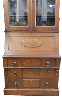 Very Nice Walnut Victorian Drop Front Secretary with Book Case Top - 3 Wood Shelves - Fine Burl Detail Drawer and Desk Fronts - Tear Drop Pulls - Divided Interior - Desk Measures 92 Tall 39 by...