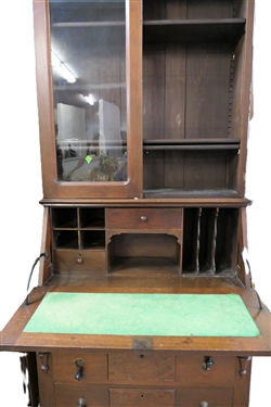 Very Nice Walnut Victorian Drop Front Secretary with Book Case Top - 3 Wood Shelves - Fine Burl Detail Drawer and Desk Fronts - Tear Drop Pulls - Divided Interior - Desk Measures 92 Tall 39 by...