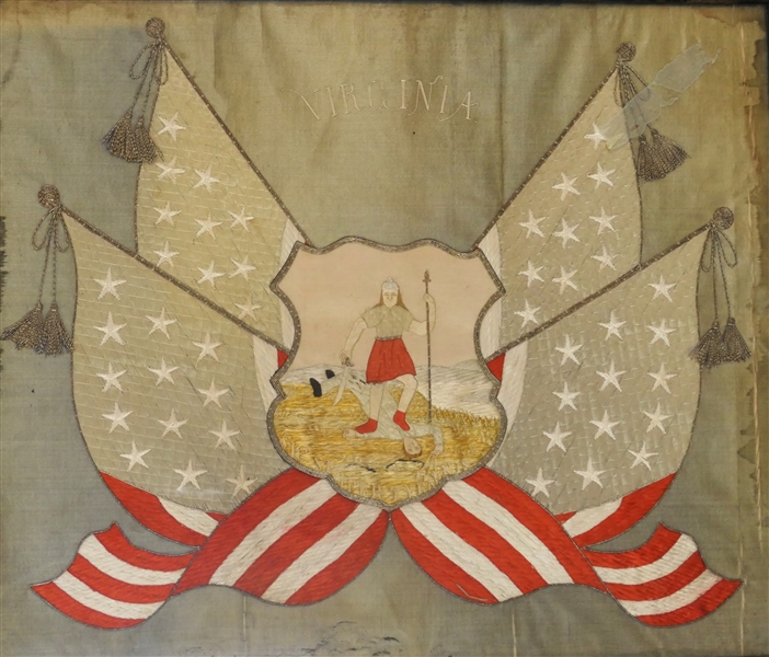 Late 19th Century Hand Embroidered Virginia State Seal Made Silk Metallic Thread on Silk Background - Framed - Frame Measures 23" by 27 3/4"