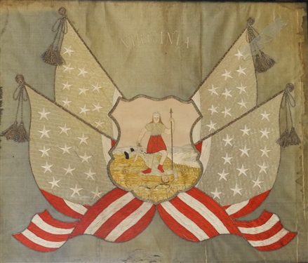Late 19th Century Hand Embroidered Virginia State Seal Made Silk Metallic Thread on Silk Background - Framed - Frame Measures 23 by 27 3/4