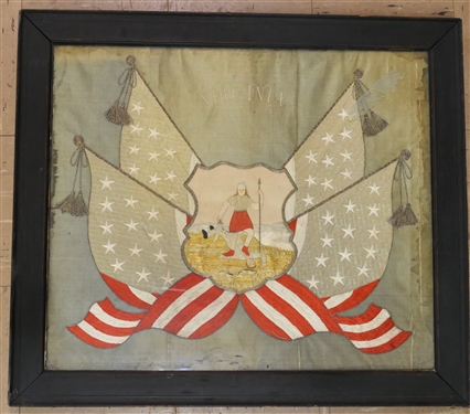 Late 19th Century Hand Embroidered Virginia State Seal Made Silk Metallic Thread on Silk Background - Framed - Frame Measures 23 by 27 3/4