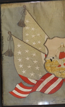 Late 19th Century Hand Embroidered Virginia State Seal Made Silk Metallic Thread on Silk Background - Framed - Frame Measures 23 by 27 3/4