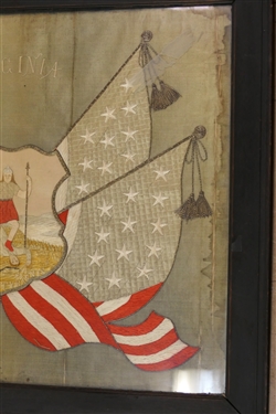 Late 19th Century Hand Embroidered Virginia State Seal Made Silk Metallic Thread on Silk Background - Framed - Frame Measures 23 by 27 3/4