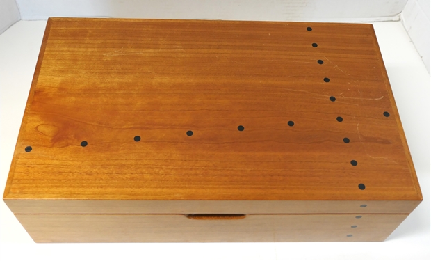 Nice Solid Wood Humidor Box with Ebony Inlaid Dots - Hydrometer in Lid - Cedar Lined Interior with Sliding Cedar Tray - Humidor Measures 4 1/2 Tall 15 by 9 - Some Minor Surface Scratches