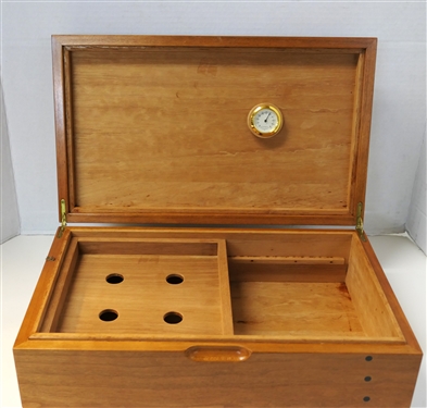 Nice Solid Wood Humidor Box with Ebony Inlaid Dots - Hydrometer in Lid - Cedar Lined Interior with Sliding Cedar Tray - Humidor Measures 4 1/2 Tall 15 by 9 - Some Minor Surface Scratches