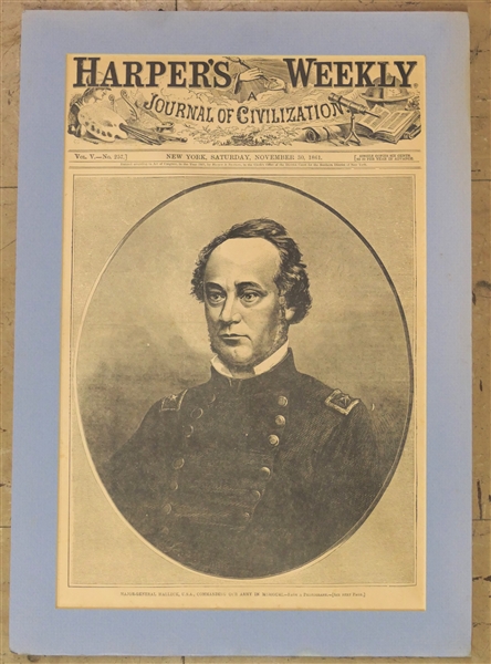 Matted "Harpers Weekly" Cover - Vol. V.- No. 257 - New York, Saturday, November 30, 1861 - "Major - General Halleck, USA, Commanding Our Army In Missouri" on Cover - Mat Measures 17" by 12"