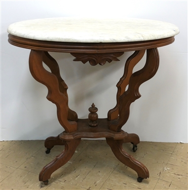 Oval Walnut Victorian Marble Top Table - Measures 28 tall 30 by 20