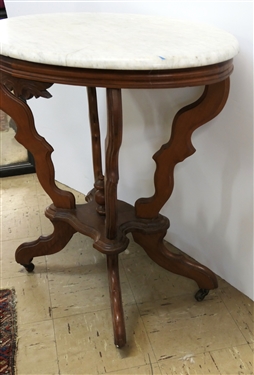 Oval Walnut Victorian Marble Top Table - Measures 28 tall 30 by 20