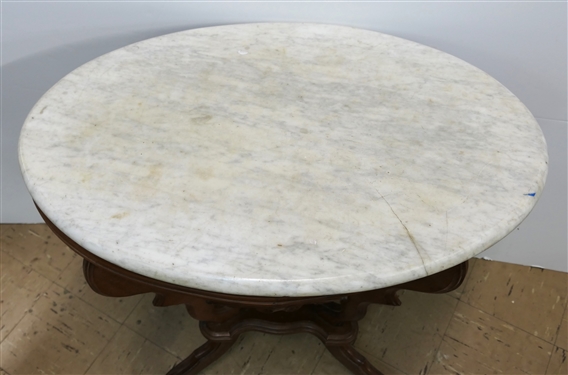 Oval Walnut Victorian Marble Top Table - Measures 28 tall 30 by 20