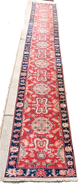 Beautiful Long  Persian Runner  - Coral Pink Background with Blue Boarder, Tan and Green Accents - Measures  178" by 211"