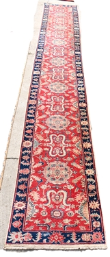 Beautiful Long  Persian Runner  - Coral Pink Background with Blue Boarder, Tan and Green Accents - Measures  17'8 by 2'11