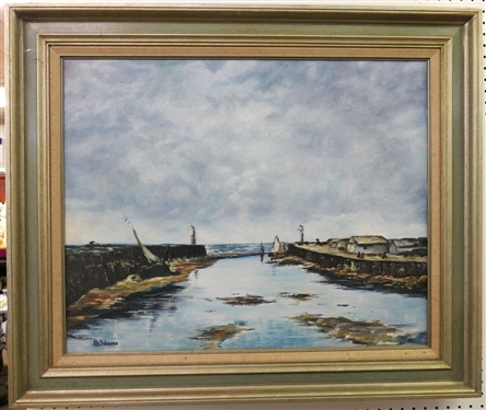 Original Oil on Canvas Painting by Pat Johnson of Harbor Scene with Sail Boats - Nicely Framed - Frame Measures 31 by 37 1/2 