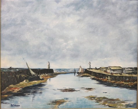 Original Oil on Canvas Painting by Pat Johnson of Harbor Scene with Sail Boats - Nicely Framed - Frame Measures 31 by 37 1/2 