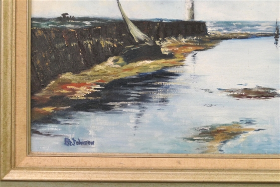 Original Oil on Canvas Painting by Pat Johnson of Harbor Scene with Sail Boats - Nicely Framed - Frame Measures 31 by 37 1/2 