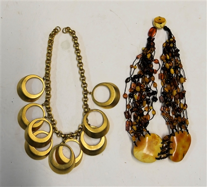 Amber Style Beaded Statement Necklace and Gold Tone Ring Necklace - Missing Clasp - Amber Necklace Measures 18 