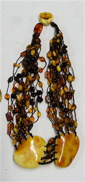 Amber Style Beaded Statement Necklace and Gold Tone Ring Necklace - Missing Clasp - Amber Necklace Measures 18 