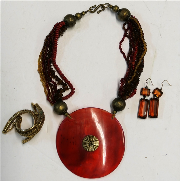YSL Copper Colored Drop Earrings, Clip on "J" Hook Earrings, and Multi Strand Red Disc Necklace with Sterling Silver Clasp