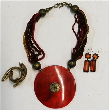 YSL Copper Colored Drop Earrings, Clip on J Hook Earrings, and Multi Strand Red Disc Necklace with Sterling Silver Clasp