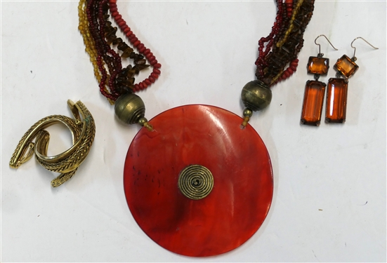 YSL Copper Colored Drop Earrings, Clip on J Hook Earrings, and Multi Strand Red Disc Necklace with Sterling Silver Clasp