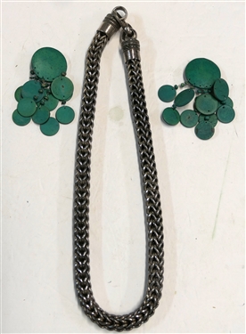 Very Heavy Braided Chain Necklace and Pair of Green Wood Disc Clip on Earrings - Necklace Measures 24 