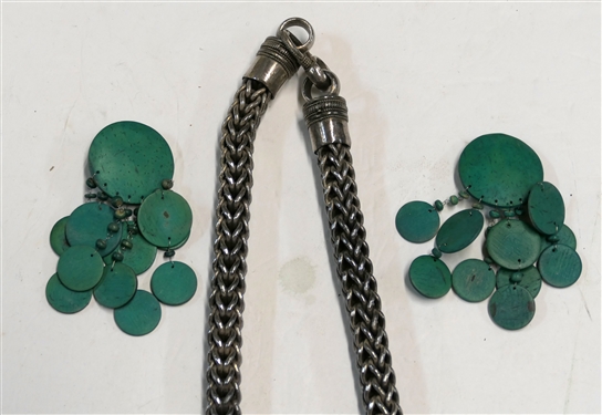 Very Heavy Braided Chain Necklace and Pair of Green Wood Disc Clip on Earrings - Necklace Measures 24 