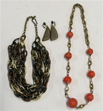 Attractive 3 Strand Mixed Metals Necklace, Gold Tone Necklace with Carved Coral Colored Beads, and Pair of Brown Lucite Clip on Earrings - Coral Bead Necklace Measure 26