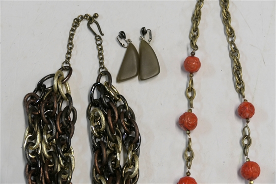 Attractive 3 Strand Mixed Metals Necklace, Gold Tone Necklace with Carved Coral Colored Beads, and Pair of Brown Lucite Clip on Earrings - Coral Bead Necklace Measure 26