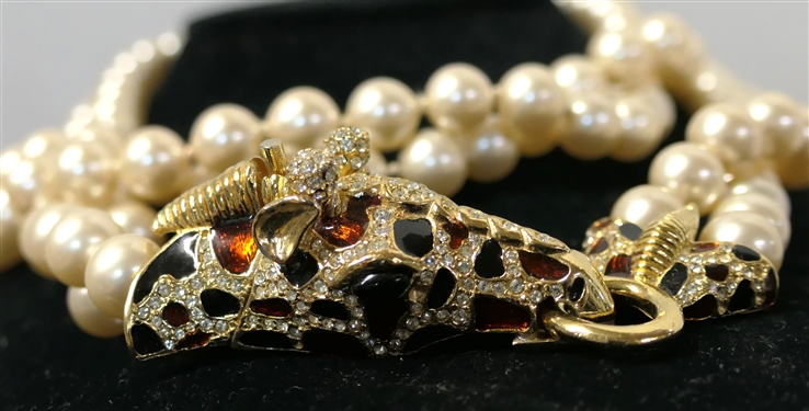 Outstanding Vintage Ciner Giraffe Double Strand Necklace - 2 Strands of Hand Knotted Pearl Style Beads with Enamel and Swarovski Crystal Gold Tone Giraffe Clasp - Necklace Measures 36 Long