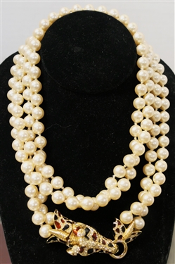 Outstanding Vintage Ciner Giraffe Double Strand Necklace - 2 Strands of Hand Knotted Pearl Style Beads with Enamel and Swarovski Crystal Gold Tone Giraffe Clasp - Necklace Measures 36 Long