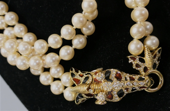 Outstanding Vintage Ciner Giraffe Double Strand Necklace - 2 Strands of Hand Knotted Pearl Style Beads with Enamel and Swarovski Crystal Gold Tone Giraffe Clasp - Necklace Measures 36 Long
