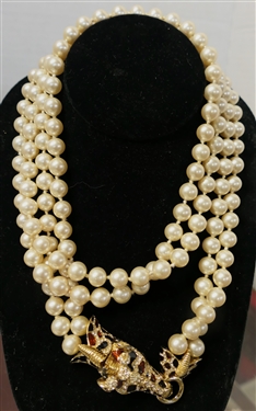 Outstanding Vintage Ciner Giraffe Double Strand Necklace - 2 Strands of Hand Knotted Pearl Style Beads with Enamel and Swarovski Crystal Gold Tone Giraffe Clasp - Necklace Measures 36 Long