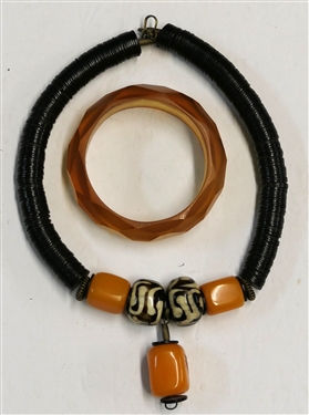 Butterscotch Bakelite Beaded Necklace, Brown and White Accent Beads, and Brown Discs and Brown Lucite / Acrylic Faceted Bangle Bracelet