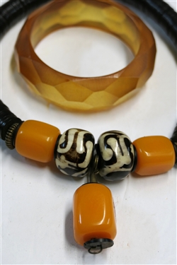 Butterscotch Bakelite Beaded Necklace, Brown and White Accent Beads, and Brown Discs and Brown Lucite / Acrylic Faceted Bangle Bracelet