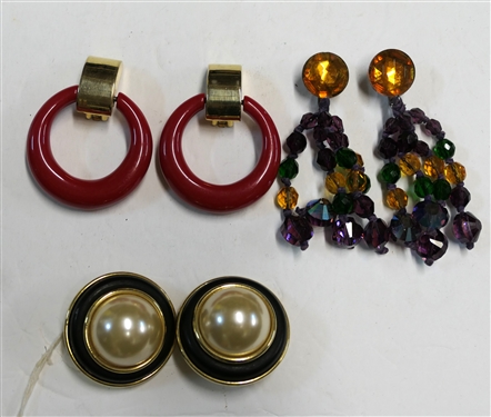 3 Pairs of Clip on Earrings - Black and Pearl Measure 1 1/2 