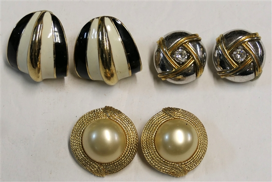 3 Pairs  of Ciner Clip on Earrings - Gold Tone with Pearl, Gold Tone with Black & White Enamel, and Gold and Silver Tone wth Crystal Centers - Black & White Earrings Measure 1 1/4 by 1