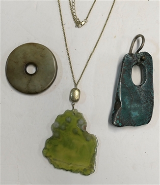 3 Pieces of Natural Stone - Turquoise Pendant, Light Green Stone Slab on Chain, and Brown Stone Disc - Turquoise Measures 3 1/2 by 2