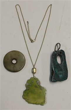 3 Pieces of Natural Stone - Turquoise Pendant, Light Green Stone Slab on Chain, and Brown Stone Disc - Turquoise Measures 3 1/2 by 2