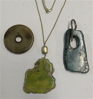 3 Pieces of Natural Stone - Turquoise Pendant, Light Green Stone Slab on Chain, and Brown Stone Disc - Turquoise Measures 3 1/2 by 2