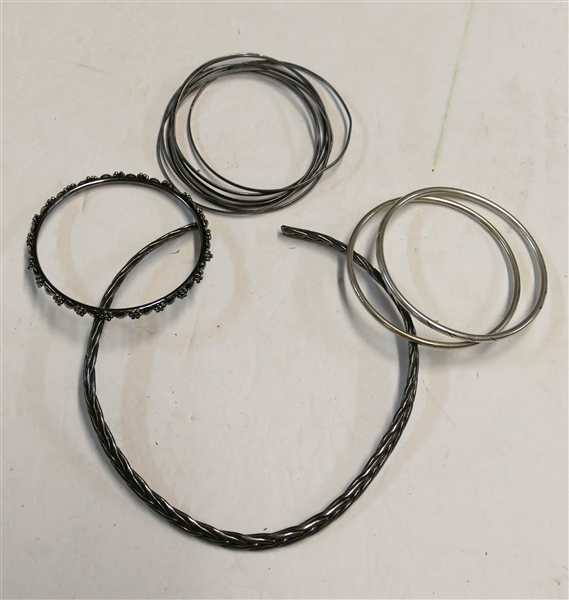 Mexican Sterling Silver Braided Necklace and Group of Silver Bangle Bracelets