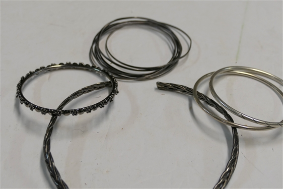 Mexican Sterling Silver Braided Necklace and Group of Silver Bangle Bracelets