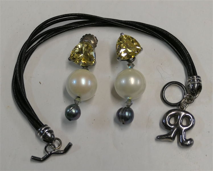Pair of Sterling Silver Citrine and Pearl Drop Earring with KLM Back and Leather Bracelet with Sterling Silver "R" Charm and Sterling Silver Clasp - Earrings Measure 2" Long