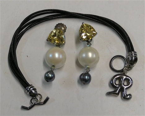 Pair of Sterling Silver Citrine and Pearl Drop Earring with KLM Back and Leather Bracelet with Sterling Silver R Charm and Sterling Silver Clasp - Earrings Measure 2 Long