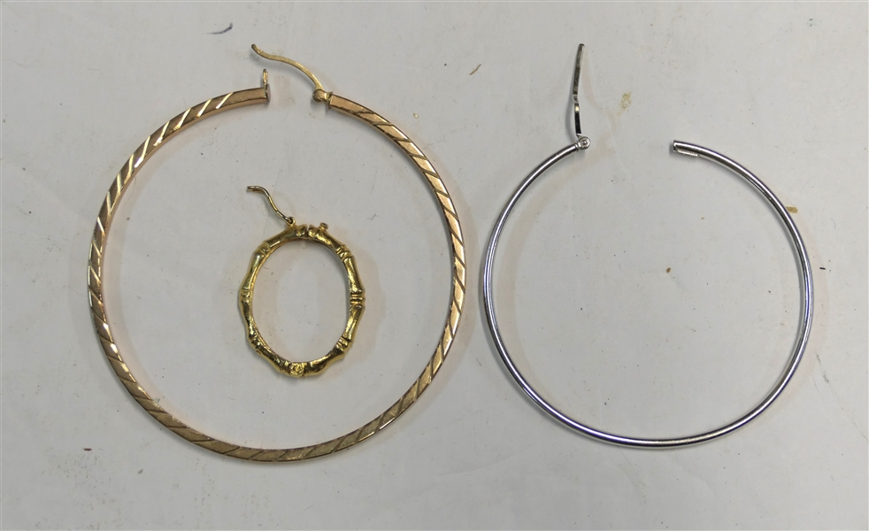 Single Earring Group - Large 14kt Yellow Gold Hoop, 18kt White Gold Hoop, and Gold Bamboo Style Hoop - 5 Grams Total Weight