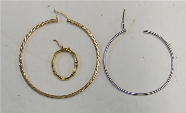 Single Earring Group - Large 14kt Yellow Gold Hoop, 18kt White Gold Hoop, and Gold Bamboo Style Hoop - 5 Grams Total Weight