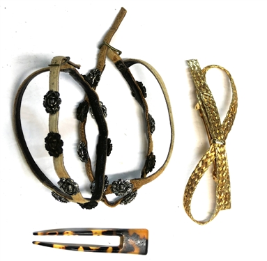 Charles Wahba France Bow Barrette, Colette Mapuf Barrette, and Pair of Leather Barefoot Sandals with Flower Accents