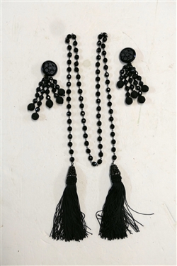 Black Glass Beaded Tassel Necklace Measuring 48 and Pair of Black Glass Beaded Clip on Statement Earrings Measuring 4 Long