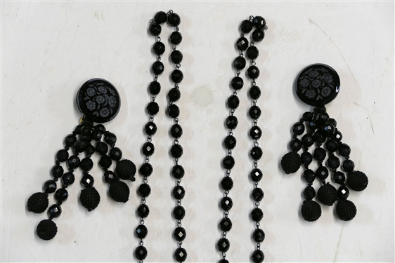 Black Glass Beaded Tassel Necklace Measuring 48 and Pair of Black Glass Beaded Clip on Statement Earrings Measuring 4 Long