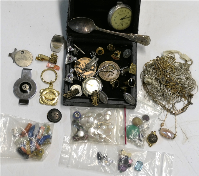 Jewelry Lot including Mens Costume Jewelry, Tie Tacks, Tie Clips, Cuff Links, Beacon Pocket Watch, Key Fobs, Medallions, Gem Stones, Broken Jewelry, Earrings, Backs, Coin Pearls, 3 Pandora...